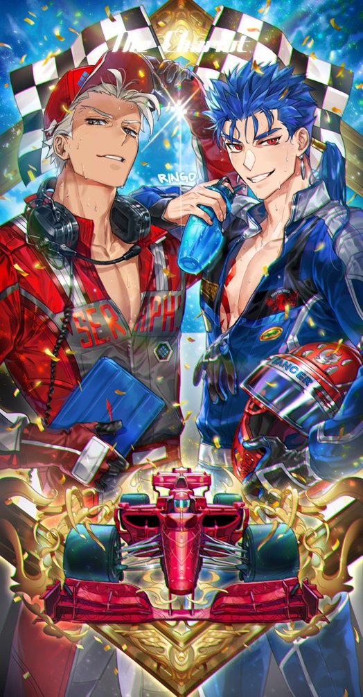 2boys adjusting_clothes adjusting_headwear archer arm_on_shoulder arm_up artist_name baseball_cap black_gloves blue_hair bottle brown_eyes checkered checkered_flag chest_tattoo collarbone confetti cowboy_shot cu_chulainn_(fate)_(all) dark_skin dark_skinned_male earrings fate/stay_night fate_(series) flag g0ringo gloves hat headphones headphones_around_neck helmet holding holding_bottle holding_helmet holding_tablet_pc jewelry jumpsuit long_hair looking_at_viewer male_focus multiple_boys ponytail racecar red_eyes red_headwear red_jumpsuit short_hair single_glove smile sweat tablet_pc tattoo unzipped white_hair