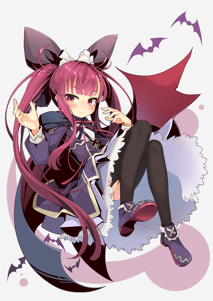 1girl animal bat black_cape black_legwear blush boots breasts cape character_request closed_mouth commentary_request dress emil_chronicle_online grey_background hands_up highres long_hair long_sleeves neck_ribbon ogami_kazuki purple_dress purple_footwear red_cape red_eyes red_ribbon redhead ribbon shirt shoe_soles small_breasts solo thigh-highs thighhighs_under_boots twintails very_long_hair white_shirt