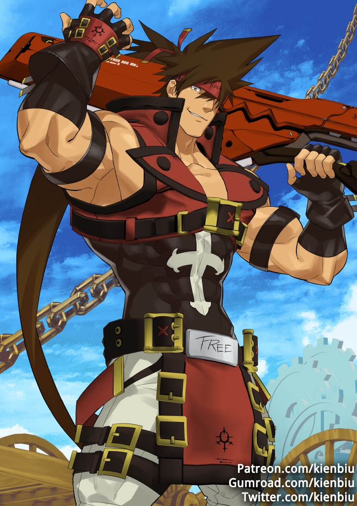 1boy bara bare_shoulders belt brown_hair chest cleavage_cutout clothing_cutout covered_abs cowboy_shot fingerless_gloves gloves guilty_gear guilty_gear_strive gumroad_username headband kienbiu long_hair male_focus muscle over_shoulder pants patreon_username pelvic_curtain ponytail sideburns skin_tight sleeveless smile sol_badguy solo spiky_hair tight tight_pants twitter_username weapon weapon_over_shoulder white_pants