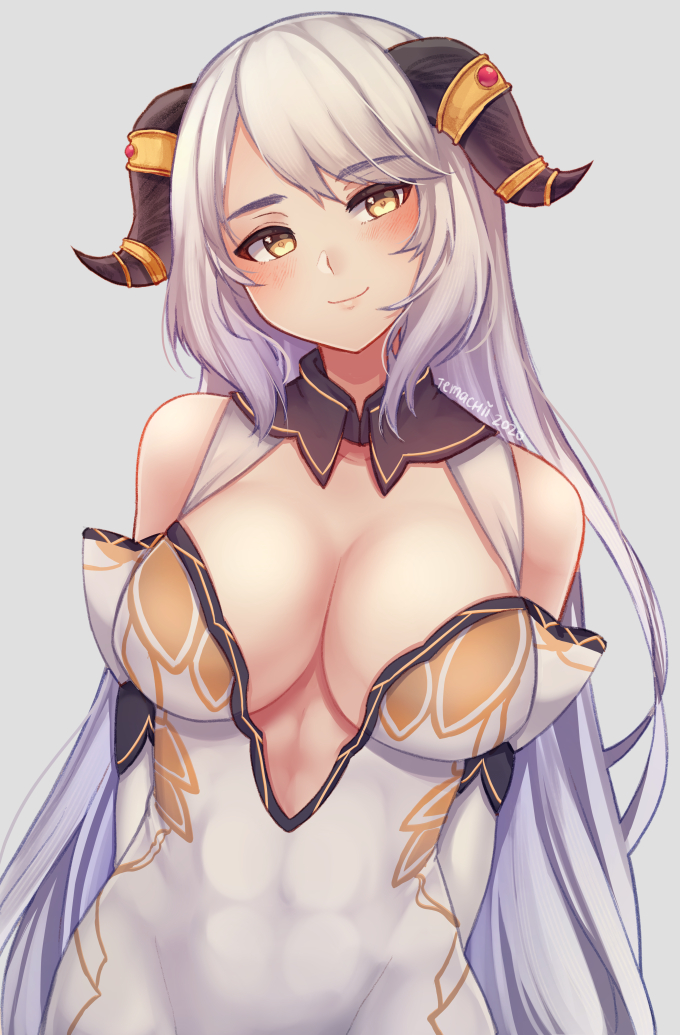 1girl blush breasts closed_mouth commentary covered_abs dated dress english_commentary eyebrows_visible_through_hair grey_background grey_hair head_tilt horn_ornament horn_ring horns large_breasts long_hair looking_at_viewer original signature smile solo temachii very_long_hair white_dress yellow_eyes