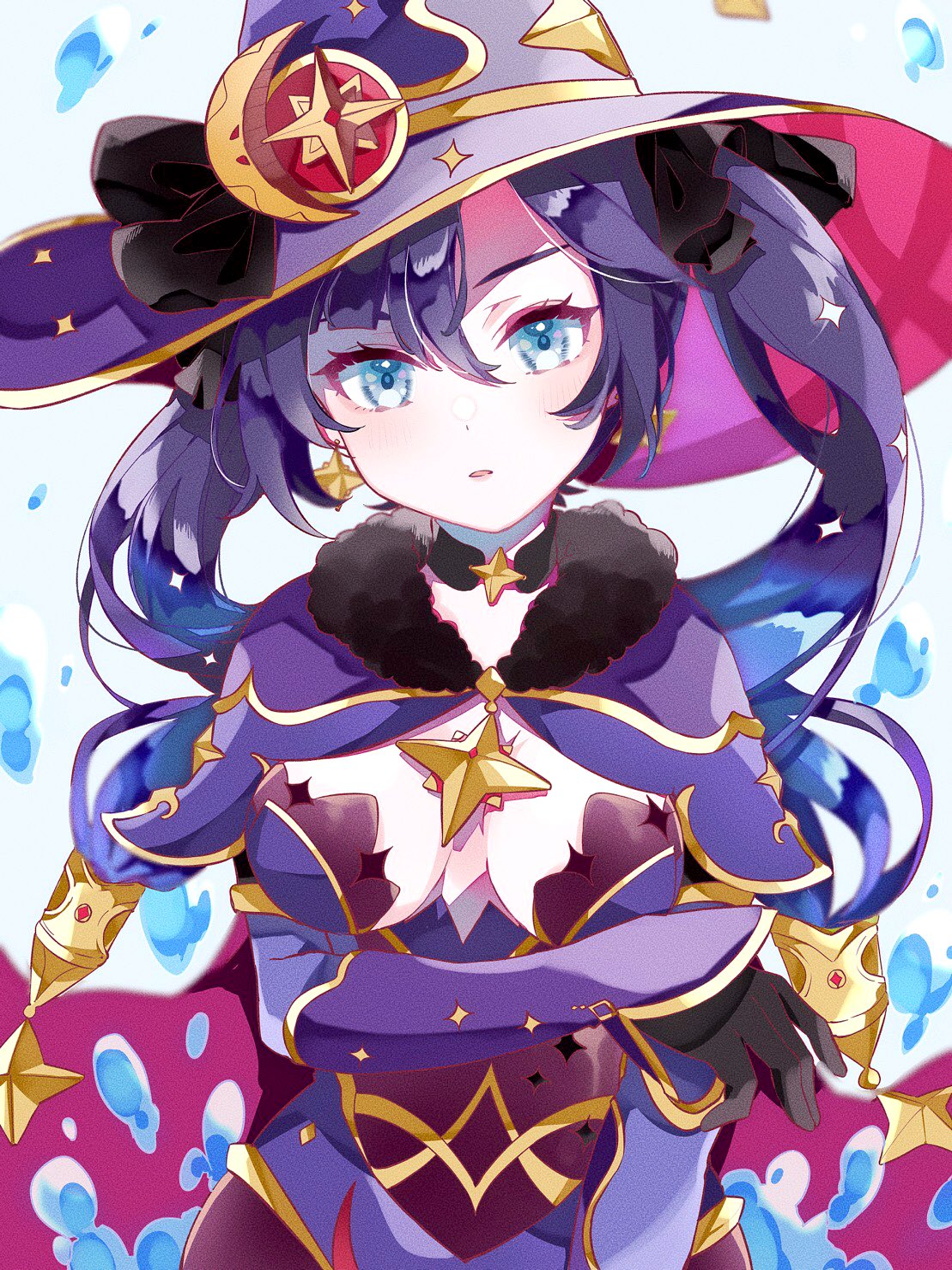 1girl blush breasts cape choker earrings fur_trim genshin_impact gloves hair_ribbon half-closed_eyes hat highres jewelry kuramiko leotard looking_at_viewer mona_(genshin_impact) parted_lips purple_hair ribbon solo star_(symbol) star_earrings twintails upper_body water witch_hat