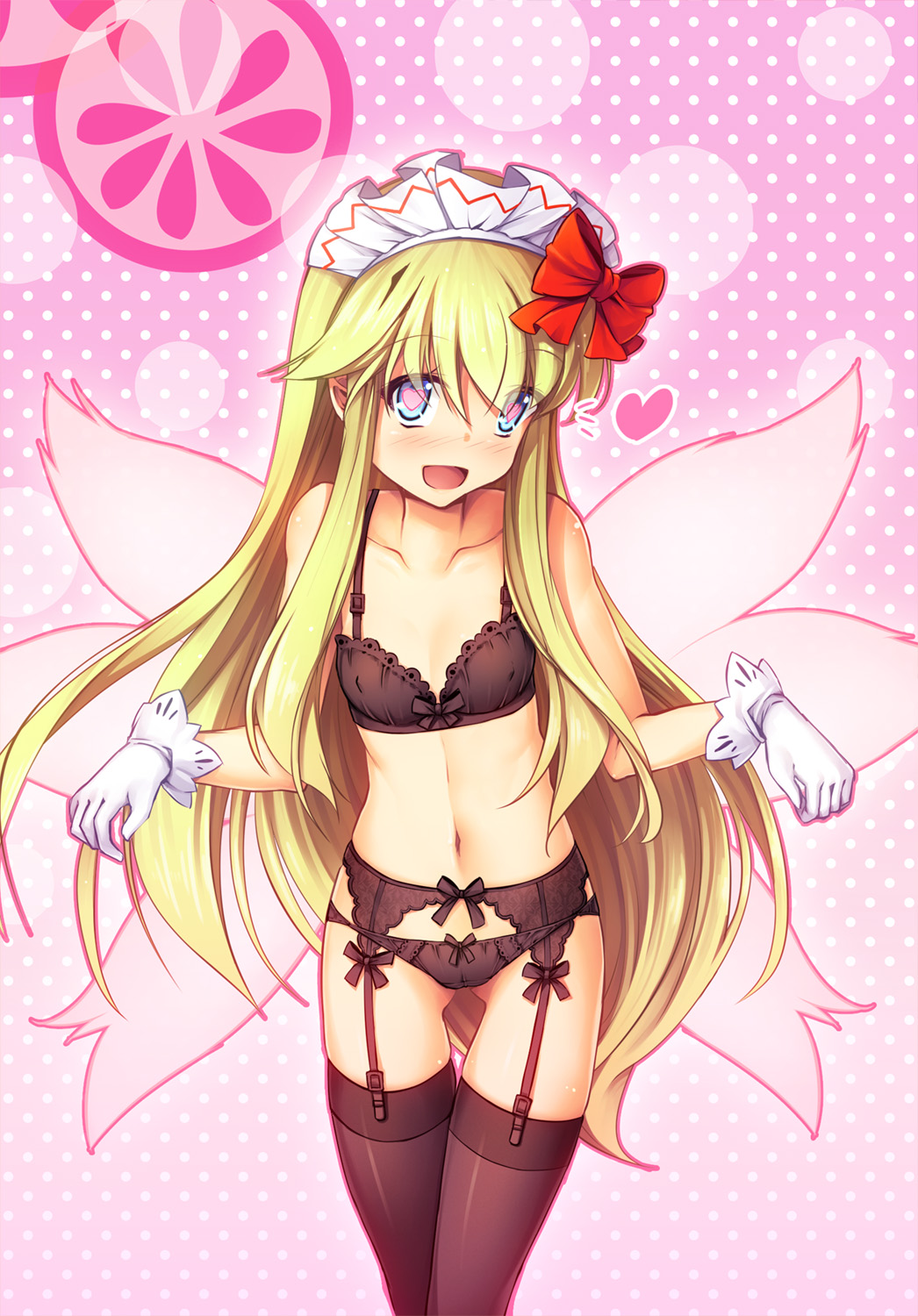 1girl :d ass_visible_through_thighs bangs bare_shoulders black_bra black_garter_belt black_legwear black_panties blonde_hair blue_eyes blush bow bow_bra bow_panties bra breasts chima_q collarbone covered_nipples eyebrows_visible_through_hair eyes_visible_through_hair garter_belt gloves gradient gradient_background hair_between_eyes hair_bow heart heart-shaped_pupils highres lily_white lingerie long_hair looking_at_viewer maid_headdress navel open_mouth panties pink_background polka_dot polka_dot_background red_bow simple_background small_breasts smile solo stomach symbol-shaped_pupils thigh-highs thigh_gap touhou underwear underwear_only very_long_hair white_gloves