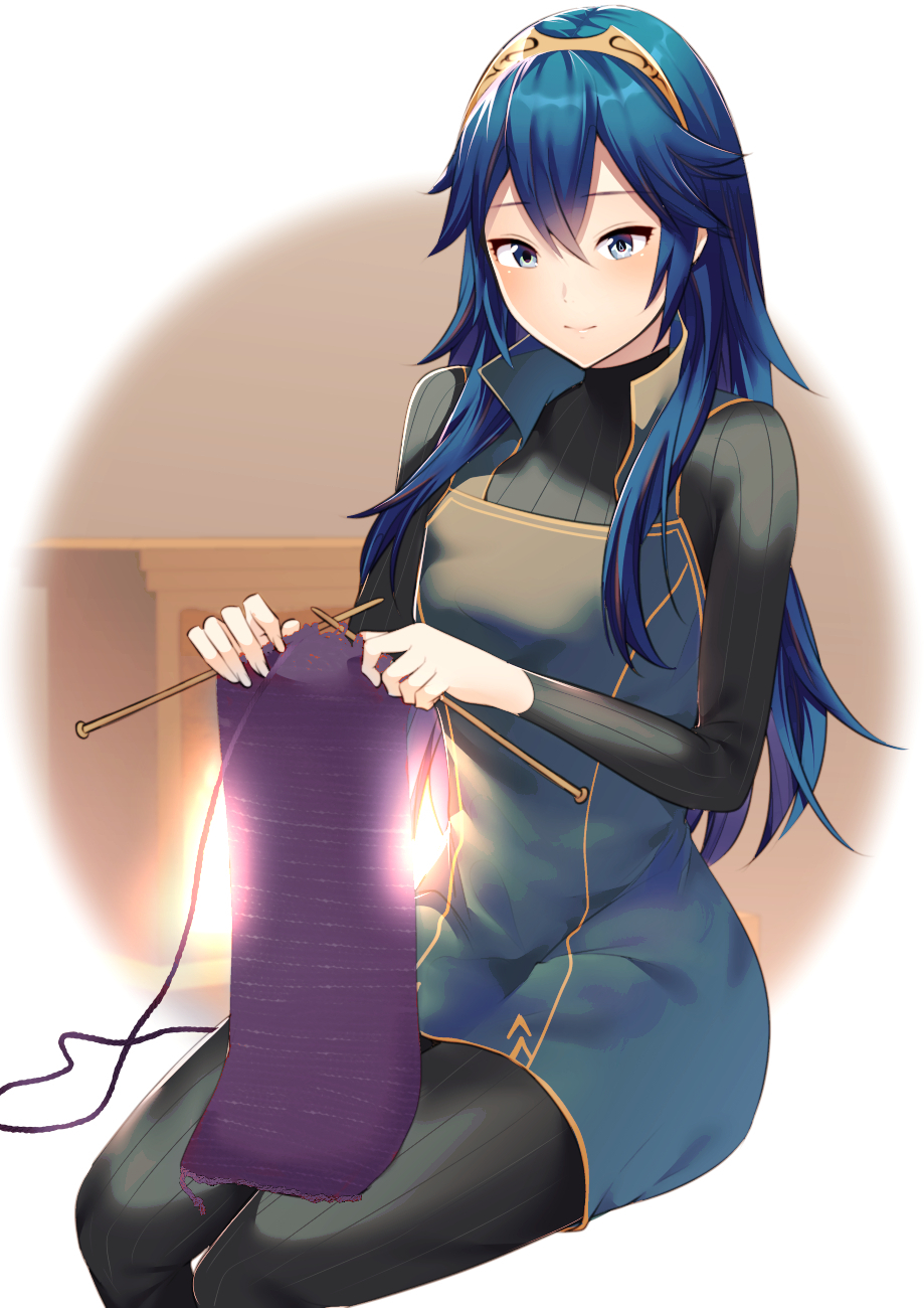 1girl ameno_(a_meno0) blue_eyes blue_hair blush cute fire_emblem fire_emblem:_kakusei fire_emblem_13 fire_emblem_awakening hair_between_eyes highres intellgent_systems knitting knitting_needle long_hair lucina lucina_(fire_emblem) needle nintendo simple_background sitting smile solo symbol-shaped_pupils thighs tiara