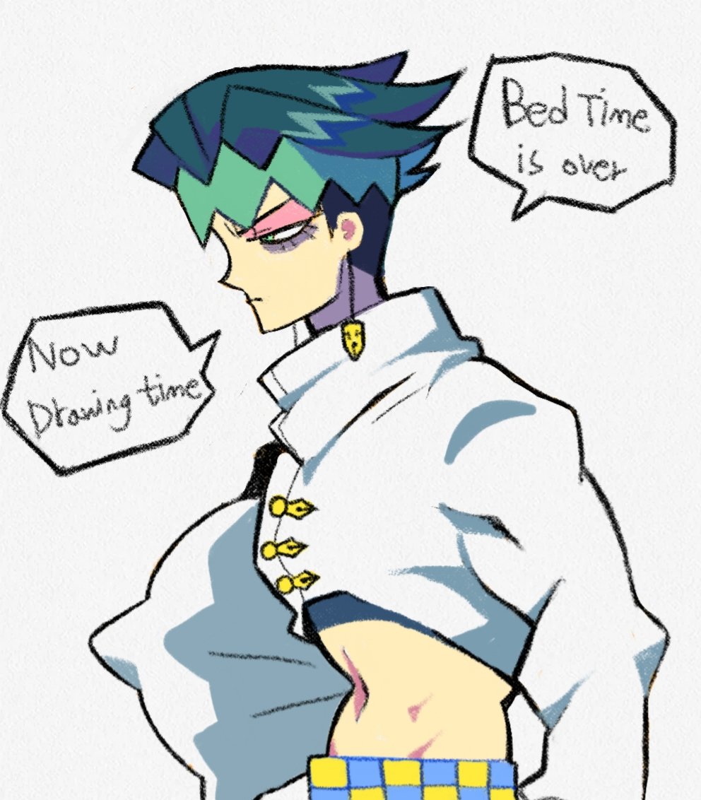 1boy denaseey diamond_wa_kudakenai earrings green_hair headband jewelry jojo_no_kimyou_na_bouken kishibe_rohan long_sleeves midriff navel pillow profile short_hair simple_background solo speech_bubble upper_body white_background