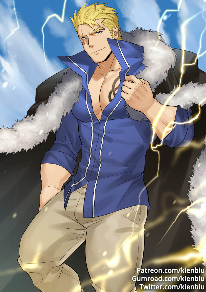 1boy bara black_jacket blonde_hair blue_eyes bulge chest chest_tattoo collared_shirt contrapposto fairy_tail feet_out_of_frame fur-trimmed_jacket fur_trim jacket kienbiu laxus_dreyar light_smile lightning_bolt male_focus muscle open_clothes open_shirt pants partially_unbuttoned shirt short_hair sideburns sleeves_rolled_up solo spiky_hair tattoo thick_thighs thighs tight tight_pants