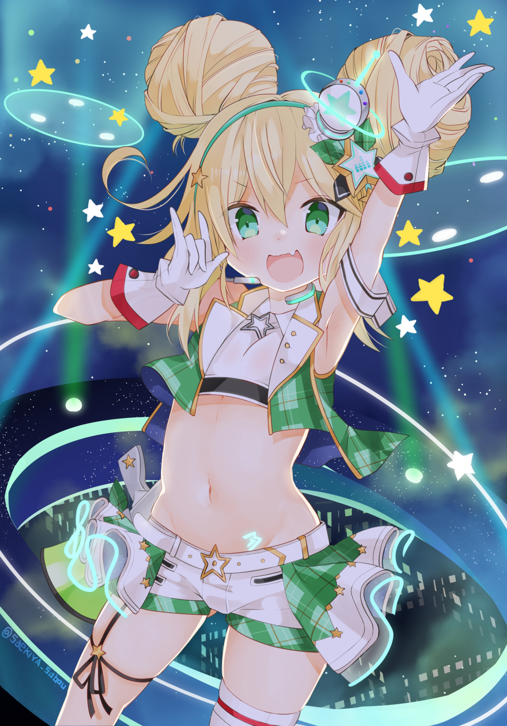 1girl :d albacore_(azur_lane) albacore_(muse)_(azur_lane) arm_up armband armpits azur_lane bangs bare_shoulders belt blonde_hair blush breasts commentary_request cowboy_shot crop_top double_bun eyebrows_visible_through_hair fang garter_straps gloves green_eyes green_vest groin hair_between_eyes hair_ornament headset highres idol long_hair looking_at_viewer midriff navel official_alternate_costume open_mouth saekiya_sabou shirt short_shorts shorts sidelocks single_thighhigh skin_fang skindentation sleeveless sleeveless_shirt small_breasts smile solo stage_lights standing starry_background thigh-highs twitter_username vest white_belt white_gloves white_legwear white_shirt white_shorts