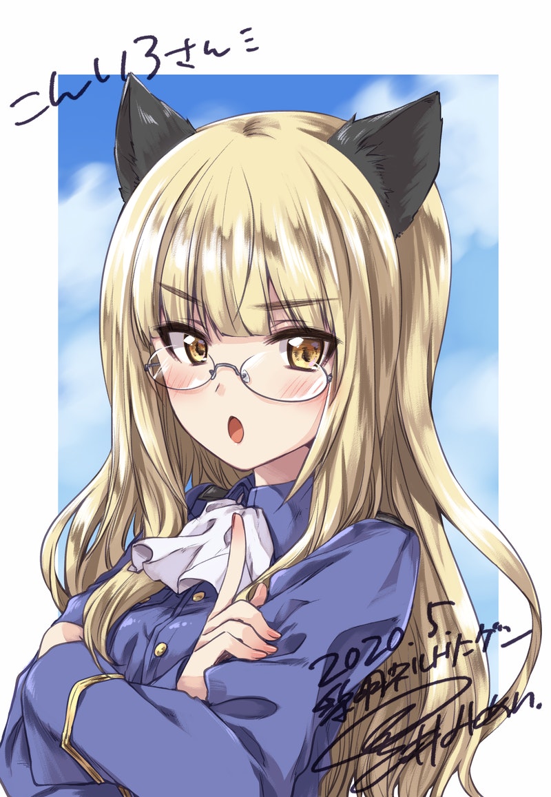 1girl animal_ears artist_name ascot bangs blonde_hair blue_jacket blue_sky blunt_bangs blush cat_ears clouds cloudy_sky collared_jacket commentary_request commission crossed_arms dated eyebrows_visible_through_hair frown glasses index_finger_raised jacket kuroi_mimei light_blush long_hair long_sleeves looking_at_viewer military military_uniform outside_border perrine_h_clostermann rimless_eyewear signature skeb_commission sky solo strike_witches uniform upper_body white_neckwear world_witches_series yellow_eyes