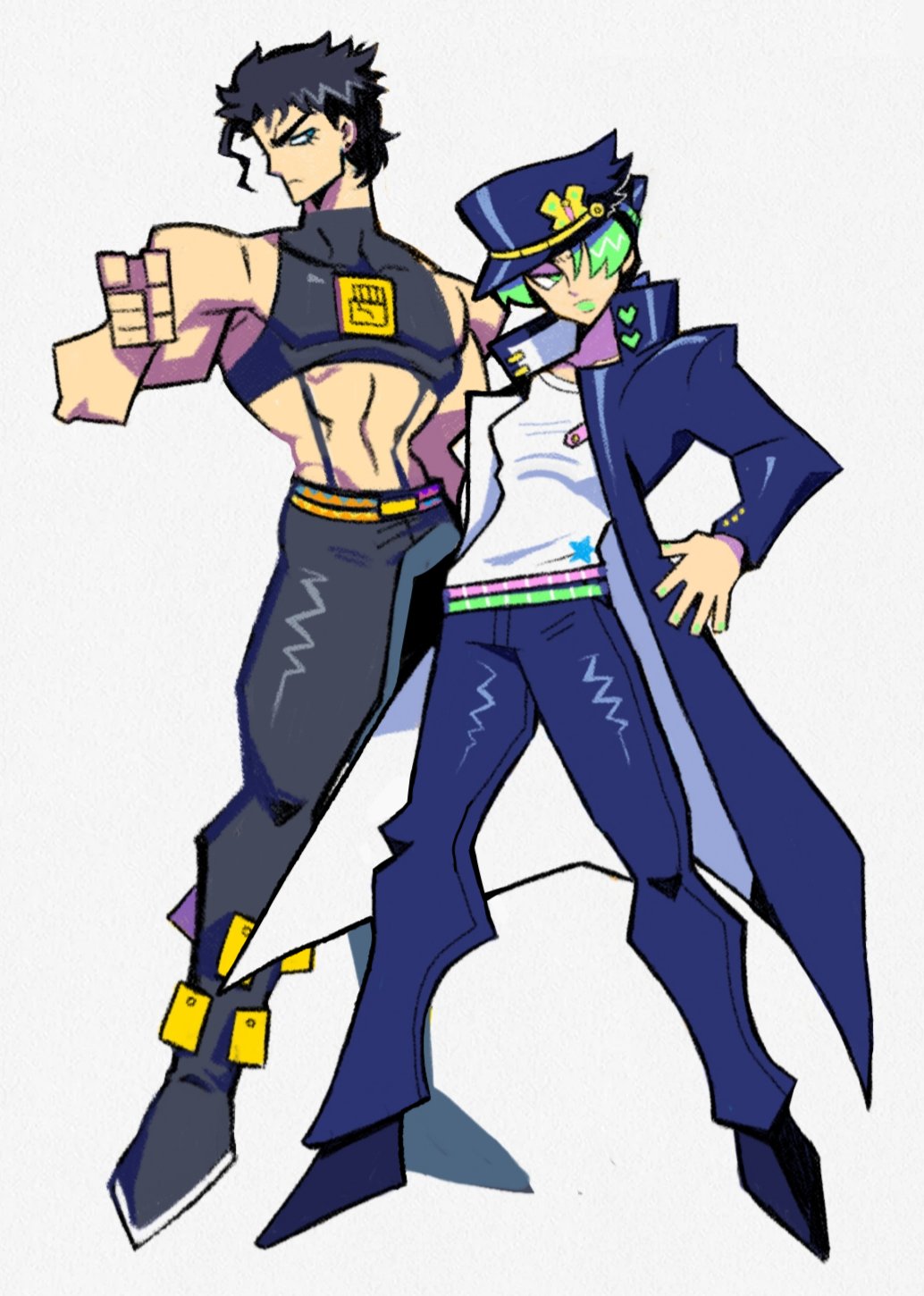 1boy 1girl black_hair black_pants cosplay costume_switch denaseey full_body green_eyes green_hair green_lips hair_over_one_eye half-closed_eyes highres jojo_no_kimyou_na_bouken kuujou_jolyne kuujou_joutarou long_coat long_sleeves midriff multicolored_hair muscle pants profile shirt short_hair simple_background standing two-tone_hair white_background white_shirt