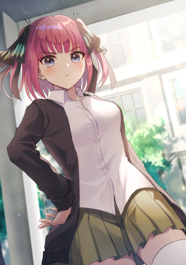 1girl :/ bangs black_cardigan black_ribbon blue_eyes blunt_bangs blush breasts building butterfly_hair_ornament cardigan closed_mouth collared_shirt commentary_request cowboy_shot day eyebrows_visible_through_hair go-toubun_no_hanayome green_skirt hair_ornament hair_ribbon hand_on_hip large_breasts long_sleeves looking_at_viewer nakano_nino nanase_(nns_6077) open_cardigan open_clothes pillar pink_hair pleated_skirt ribbon shirt sidelocks skirt solo standing thigh-highs tree two_side_up white_legwear white_shirt window zettai_ryouiki