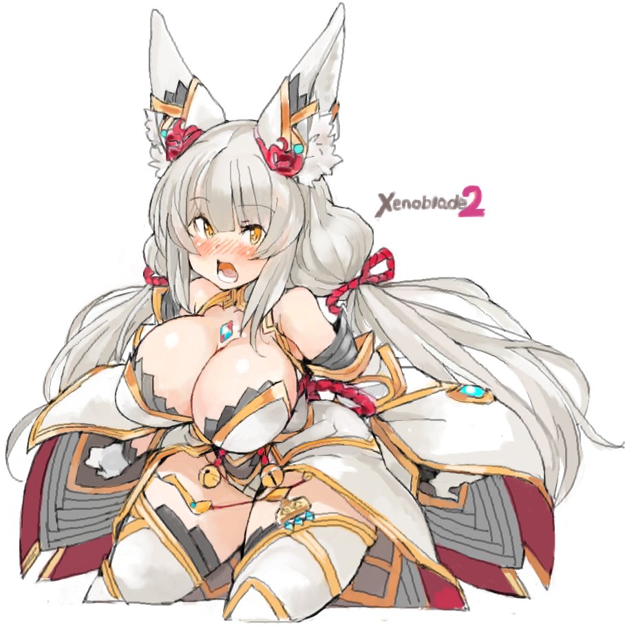 1girl alternate_breast_size breasts cat_girl large_breasts leotard long_hair nia_(blade)_(xenoblade) nia_(xenoblade) pointy_ears sachito silver_hair thigh-highs xenoblade_chronicles_(series) xenoblade_chronicles_2 yellow_eyes