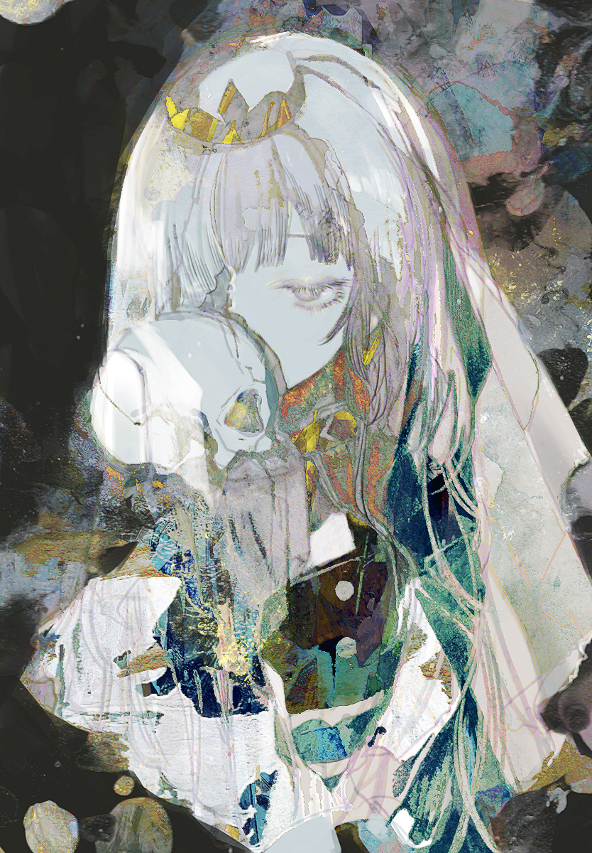 1girl anabone grey_eyes grey_hair highres holding holding_skull hololive hololive_english looking_ahead mori_calliope one_eye_covered skull solo tiara virtual_youtuber