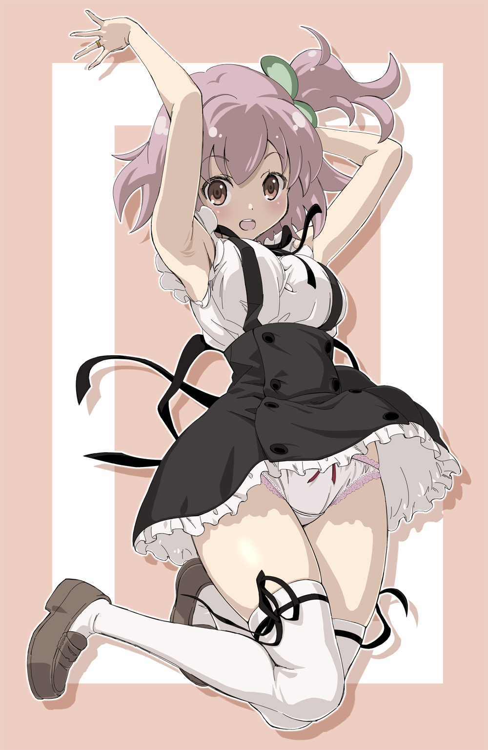 1girl armpits arms_up assault_lily black_ribbon black_skirt breasts brown_eyes brown_footwear commentary_request frilled_panties frilled_skirt frills full_body high-waist_skirt highres hitotsuyanagi_riri jewelry large_breasts loafers looking_at_viewer neck_ribbon one_side_up panties pink_hair ribbon ring shirt shoes side_ponytail skindentation skirt sleeveless sleeveless_shirt solo suspender_skirt suspenders thigh_ribbon underwear white_legwear white_panties white_shirt you2