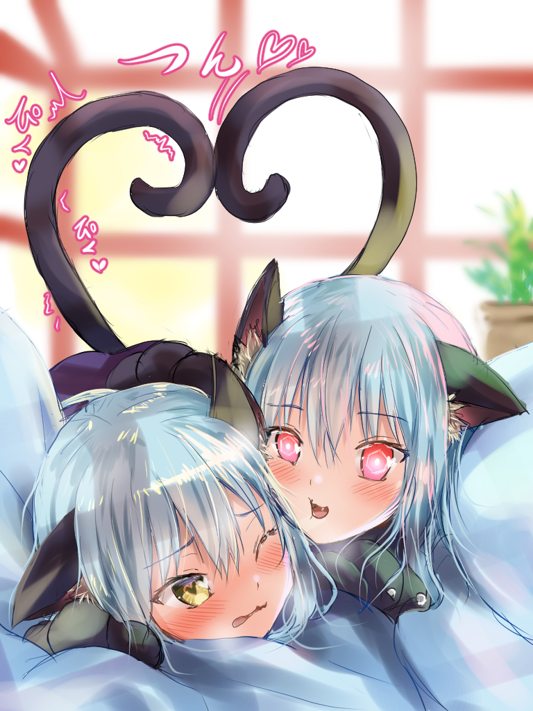 2girls aisu_(icicleshot) alternate_costume animal_ear_fluff animal_ears bangs black_tail blue_hair blush cat_ears cat_tail cuddling day eyebrows_visible_through_hair fang gloves heart heart-shaped_pupils heart_tail looking_at_viewer lying lying_on_person multiple_girls on_stomach one_eye_closed open_mouth paw_gloves paws plant red_eyes rimuru_tempest symbol-shaped_pupils tail tensei_shitara_slime_datta_ken yellow_eyes