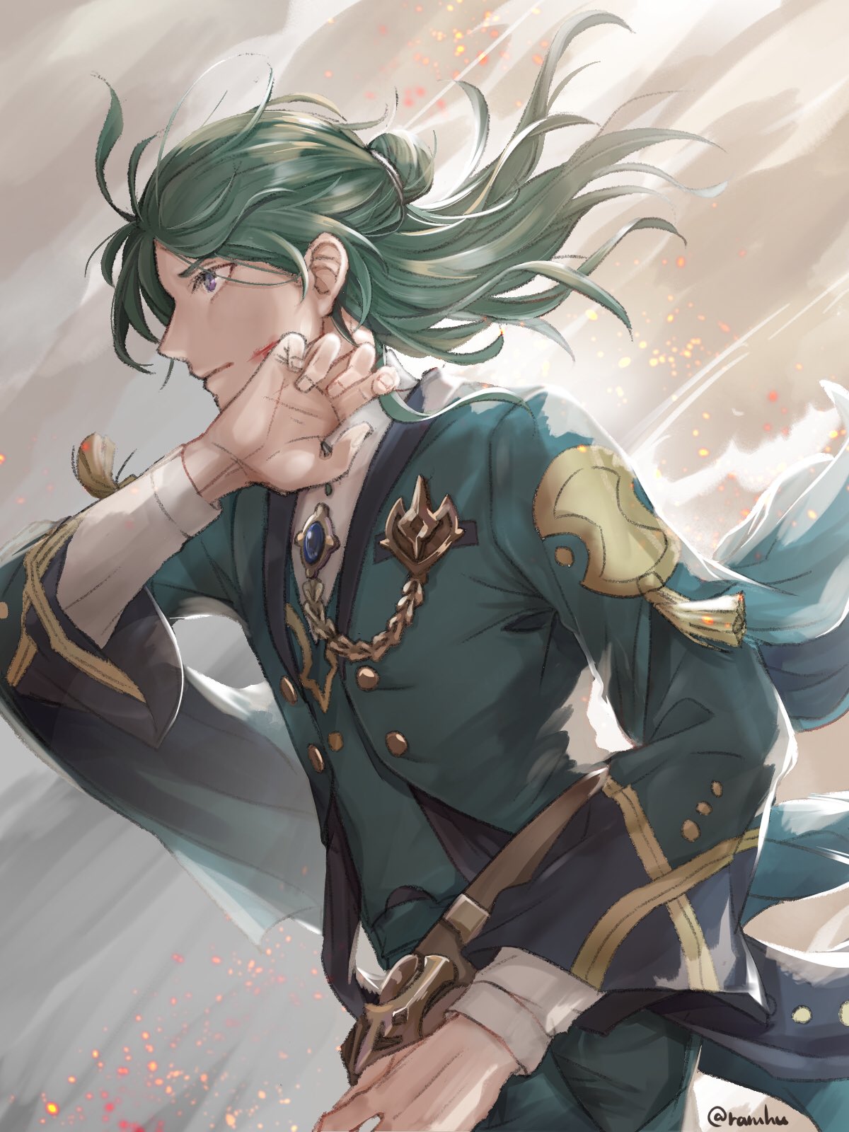 1boy artist_name blue_jacket brooch commentary_request cuts fire_emblem fire_emblem:_three_houses floating_hair from_side green_hair grey_eyes highres hoshi_no_ramufuu injury jacket jewelry linhardt_von_hevring long_hair long_sleeves male_focus profile twitter_username upper_body