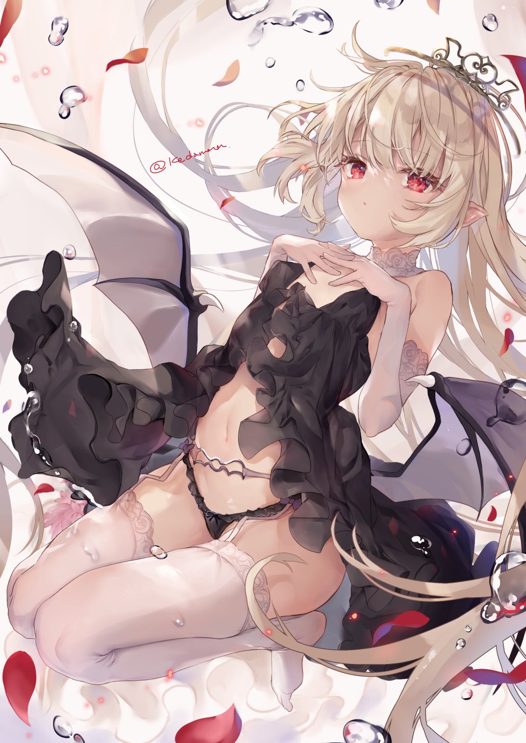 1girl bare_shoulders black_dress black_panties center_opening crown demon_wings dress elbow_gloves floating_hair garter_belt gloves highres kedama_milk lingerie long_hair looking_at_viewer navel no_shoes original own_hands_together panties petals pointy_ears red_eyes revealing_clothes sleeveless sleeveless_dress solo steepled_fingers stomach thigh-highs underwear white_gloves white_hair white_legwear wings