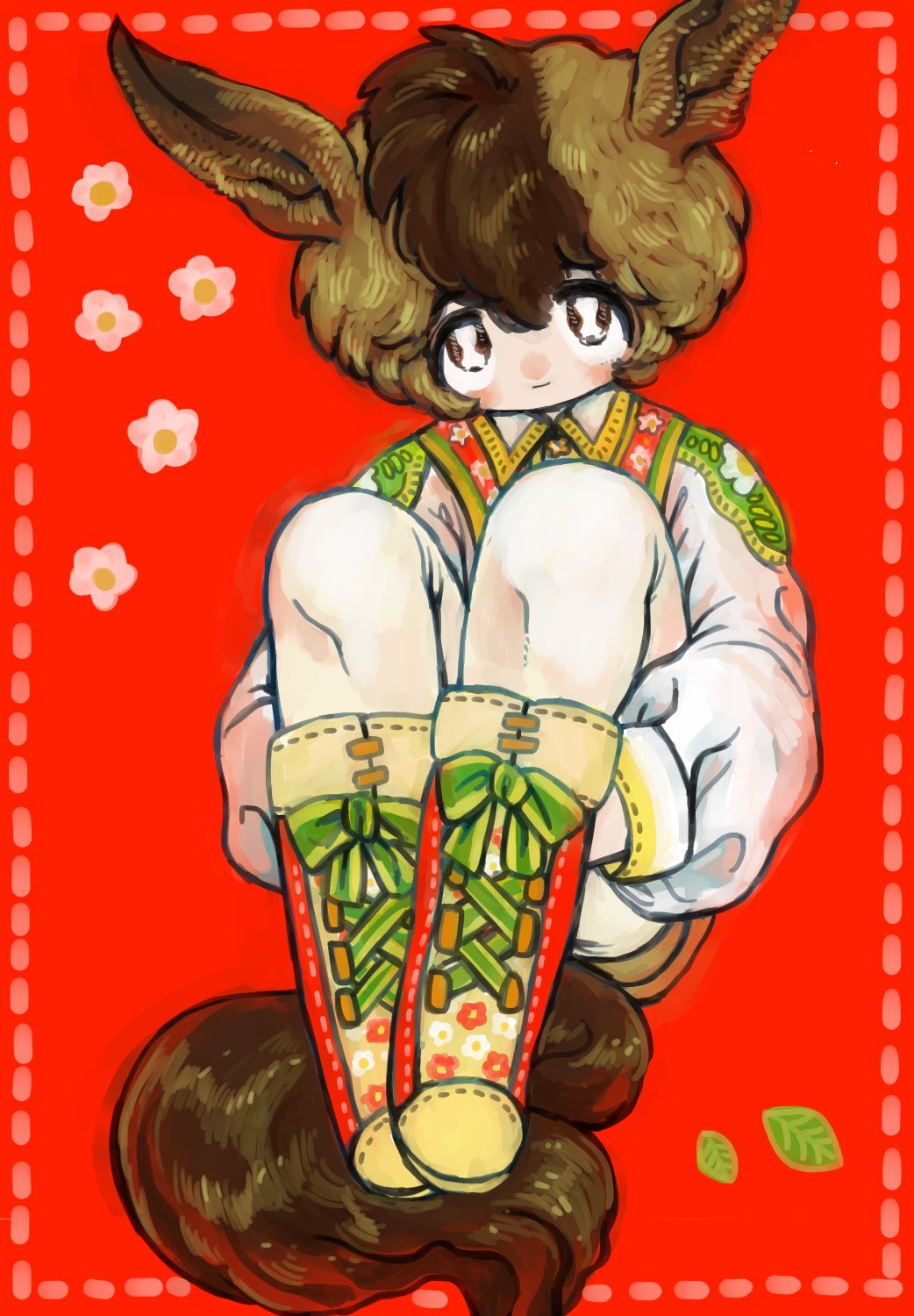 1boy androgynous animal_ears boots border bright_pupils brown_eyes brown_hair closed_mouth cross-laced_footwear dotted_line green_ribbon highres jacket leg_hug long_sleeves looking_at_viewer male_focus original red_background ribbon shima_(wansyon144) sitting smile solo tail white_jacket white_pupils