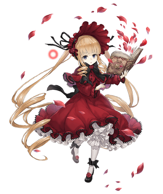 1girl blonde_hair blue_eyes bonnet book crossover dress drill_hair frilled_dress frills full_body gothic_lolita holding holding_book ji_no lolita_fashion long_hair looking_at_viewer mary_janes official_art petals red_dress rozen_maiden shinku shoes sinoalice solo transparent_background very_long_hair