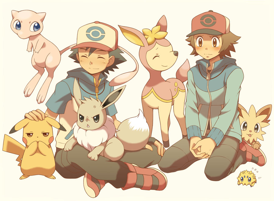 2boys ash_ketchum bangs baseball_cap black_gloves black_hair blue_jacket blush brown_eyes brown_hair closed_mouth commentary_request cyaneko deerling eevee fingerless_gloves gen_1_pokemon gen_5_pokemon gloves hat hilbert_(pokemon) jacket joltik lillipup mew multiple_boys mythical_pokemon pants petting pikachu pokemon pokemon_(anime) pokemon_(creature) pokemon_(game) pokemon_bw pokemon_bw_(anime) short_sleeves sitting smile wavy_mouth zipper_pull_tab