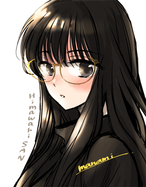 1girl artist_name bangs black_eyes black_hair black_shirt blush character_name commentary copyright_name eyebrows_visible_through_hair glasses himawari-san himawari-san_(character) long_hair looking_at_viewer parted_lips shirt signature simple_background sketch solo sugano_manami upper_body white_background