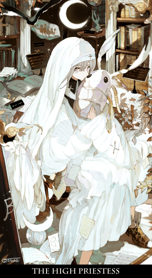 1girl animal asahiro book bookshelf carapace crescent_moon cross dress english_text falling_leaves foot_out_of_frame grey_eyes holding holding_animal layered_dress leaf long_sleeves moon open_book original paper plant plaque signature silver_hair sitting solo tarot the_high_priestess white_dress white_headwear wide_sleeves