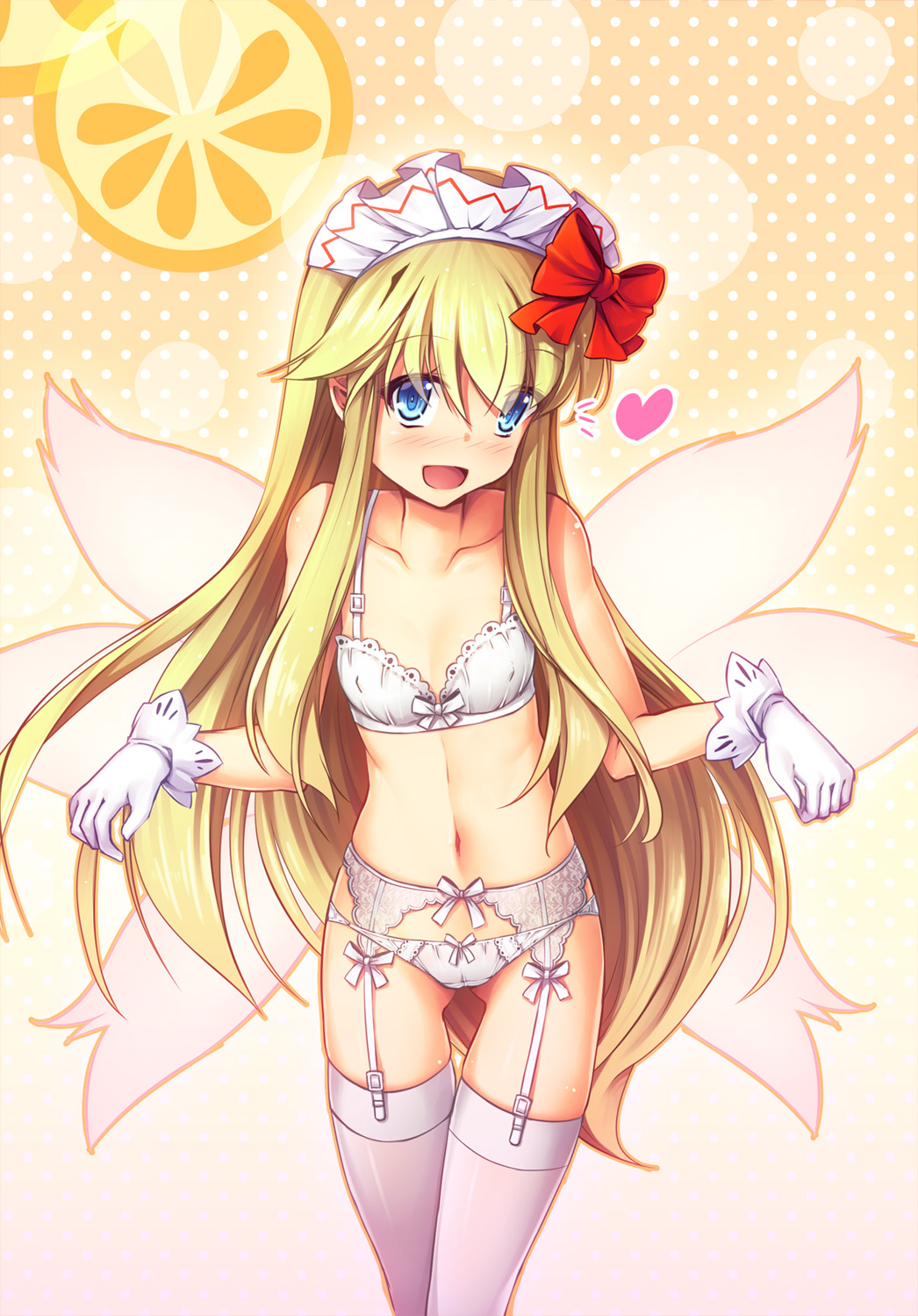 1girl :d ass_visible_through_thighs bangs bare_shoulders blonde_hair blue_eyes blush bow bow_bra bow_panties bra breasts chima_q collarbone covered_nipples eyebrows_visible_through_hair eyes_visible_through_hair garter_belt gloves gradient gradient_background hair_between_eyes hair_bow heart highres lily_white lingerie long_hair looking_at_viewer maid_headdress navel open_mouth panties polka_dot polka_dot_background red_bow simple_background small_breasts smile solo stomach thigh-highs thigh_gap touhou underwear underwear_only very_long_hair white_bra white_garter_belt white_gloves white_legwear white_panties yellow_background