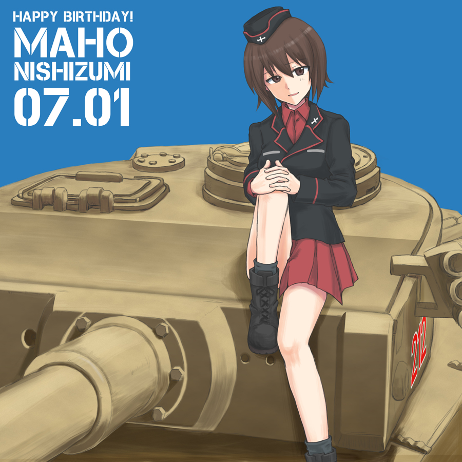 1girl ankle_boots bangs black_footwear black_headwear black_jacket black_legwear boots brown_eyes brown_hair character_name closed_mouth commentary dated dress_shirt english_text garrison_cap girls_und_panzer ground_vehicle half-closed_eyes happy_birthday hat head_tilt insignia jacket knee_up kuromorimine_military_uniform leg_hug long_sleeves looking_at_viewer military military_hat military_uniform military_vehicle miniskirt motor_vehicle mutsu_(layergreen) nishizumi_maho pleated_skirt red_shirt red_skirt shirt short_hair sitting skirt smile socks solo tank tiger_i uniform wing_collar