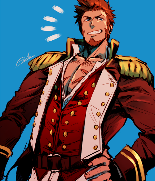 1boy asukasuka bara beard blue_eyes brown_hair chest commentary_request epaulettes facial_hair fate/grand_order fate_(series) hand_on_hip long_sleeves looking_at_viewer male_focus military muscle napoleon_bonaparte_(fate/grand_order) pectorals scar short_hair simple_background smile solo teeth uniform