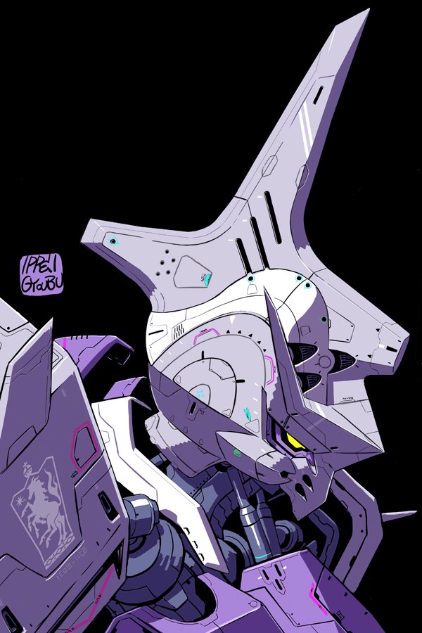 artist_name black_background from_side gundam gundam_kimaris_trooper gundam_tekketsu_no_orphans gyoubu_ippei looking_down mecha mobile_suit no_humans piston portrait science_fiction solo yellow_eyes