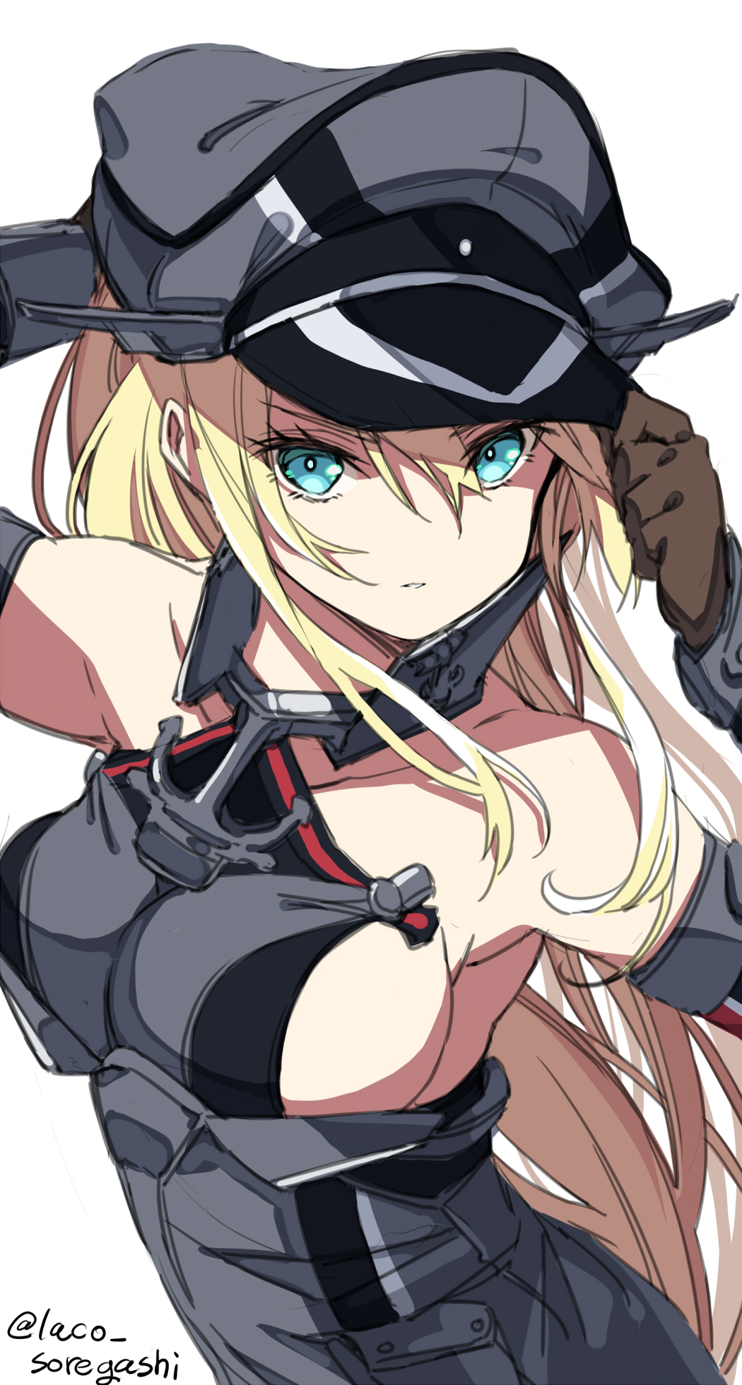 1girl bare_shoulders bismarck_(kantai_collection) blonde_hair blue_eyes breasts commentary_request detached_sleeves hat highres kantai_collection laco_soregashi large_breasts looking_at_viewer military military_hat military_uniform peaked_cap sideboob simple_background solo twitter_username uniform upper_body white_background