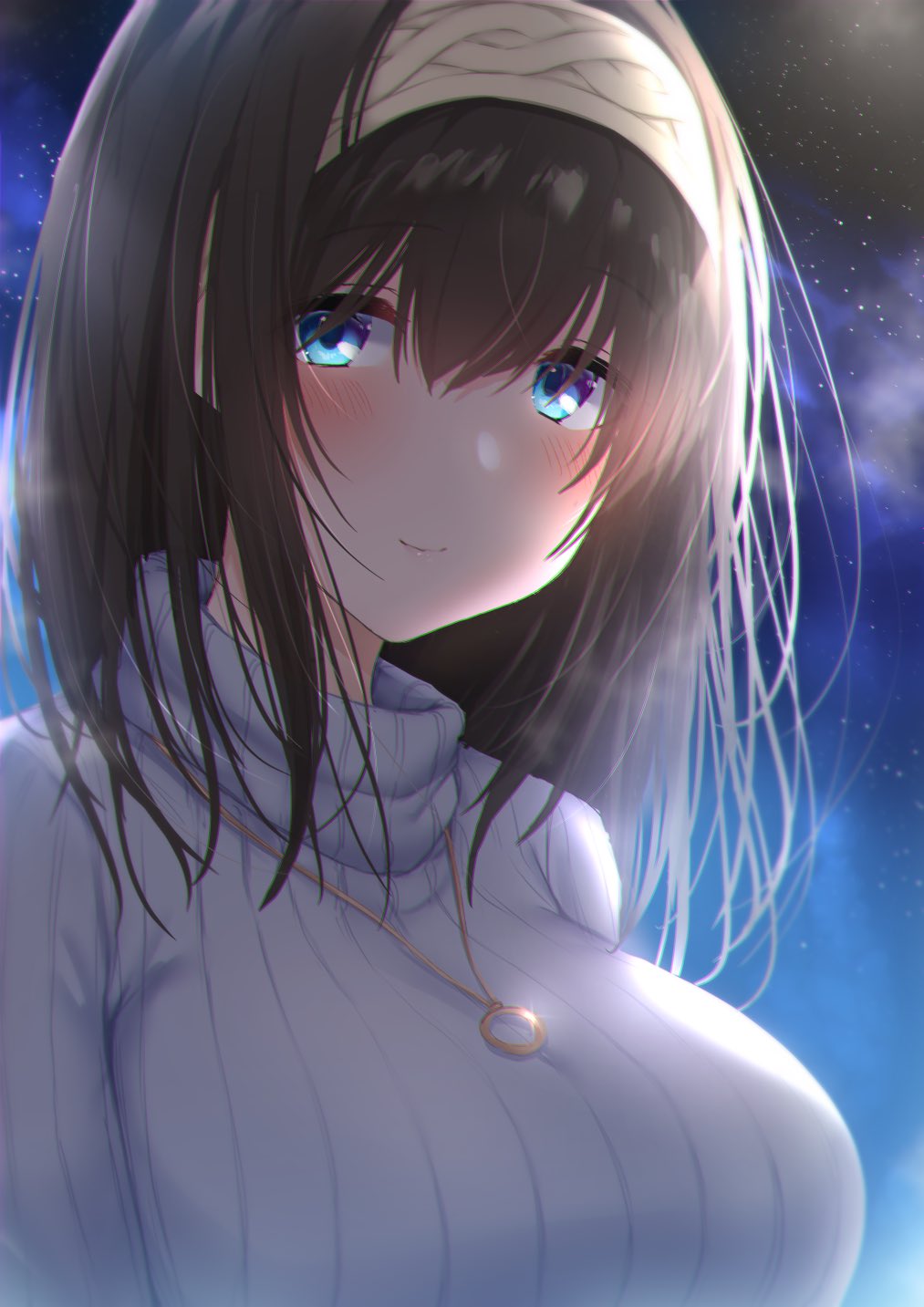 1girl black_hair blue_eyes blue_sweater blush breasts closed_mouth commentary_request grey_hairband hairband highres idolmaster idolmaster_cinderella_girls jewelry kyuunosuke_(lactis09) large_breasts long_hair looking_at_viewer necklace night outdoors sagisawa_fumika sky smile solo star_(sky) starry_sky sweater turtleneck turtleneck_sweater upper_body