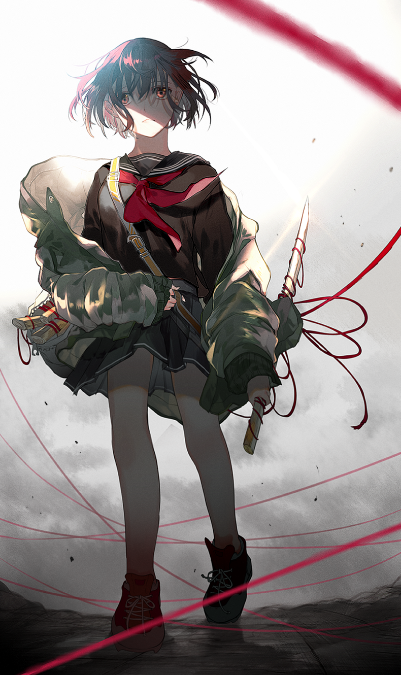 1girl bag black_serafuku black_skirt bokken brown_eyes brown_hair closed_mouth diffraction_spikes fingernails green_jacket hatutaro highres holding holding_sword holding_weapon hood hood_down hooded_jacket jacket off-shoulder_jacket off_shoulder open_bag outdoors red_footwear red_neckwear school_uniform serafuku short_hair skirt sleeves_past_wrists solo string string_of_fate sword touran-sai uniform walking weapon wooden_sword zipper