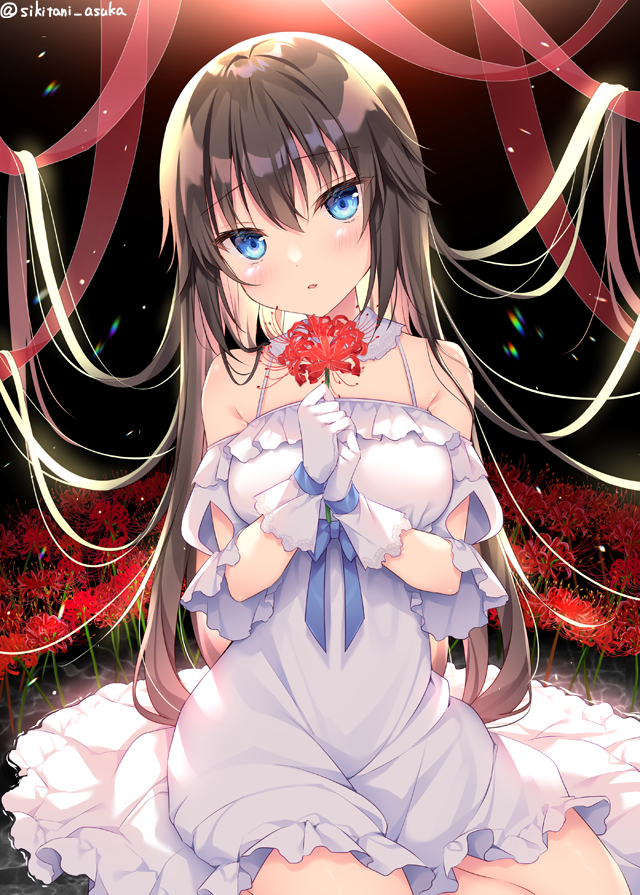 1girl bangs bare_shoulders blue_bow blue_eyes bow breasts brown_hair collar commentary_request detached_collar dress eyebrows_visible_through_hair flower frilled_dress frills gloves hair_between_eyes hands_up head_tilt holding holding_flower long_hair looking_at_viewer medium_breasts original parted_lips red_flower red_ribbon ribbon shikitani_asuka sitting sleeveless sleeveless_dress solo spider_lily twitter_username very_long_hair white_collar white_dress white_gloves