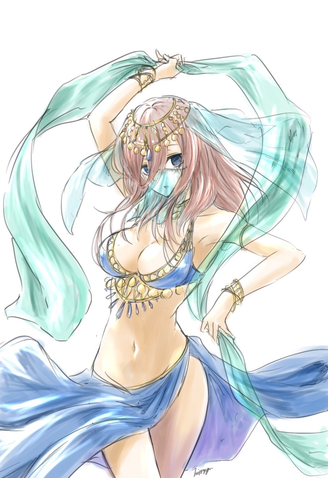 1girl arabian_clothes blue_eyes breasts dancer floating_hair go-toubun_no_hanayome highres looking_at_viewer medium_breasts medium_hair midriff mitsugu nakano_miku navel redhead solo white_background