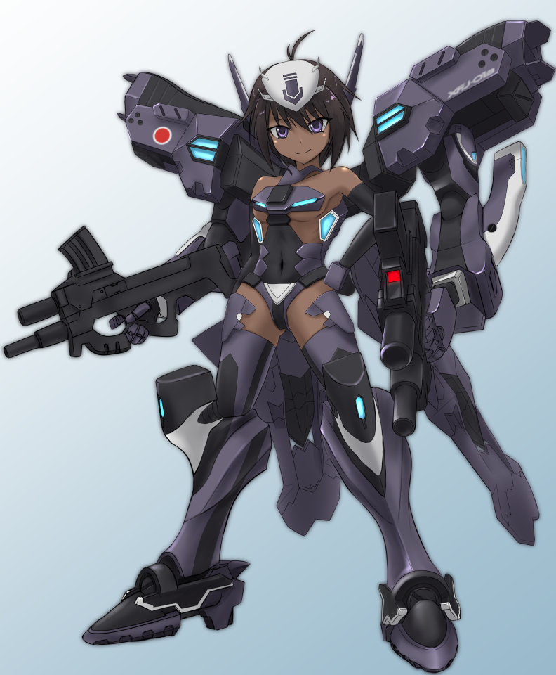 1girl breasts brown_hair cosplay cowlick dark_skin dual_wielding gun holding holding_gun holding_weapon looking_at_viewer mecha_musume muvluv muvluv_alternative muvluv_total_eclipse sidehiwinder small_breasts smile solo standing tarisa_manandal type_94_shiranui type_94_shiranui_(cosplay) under_boob violet_eyes weapon