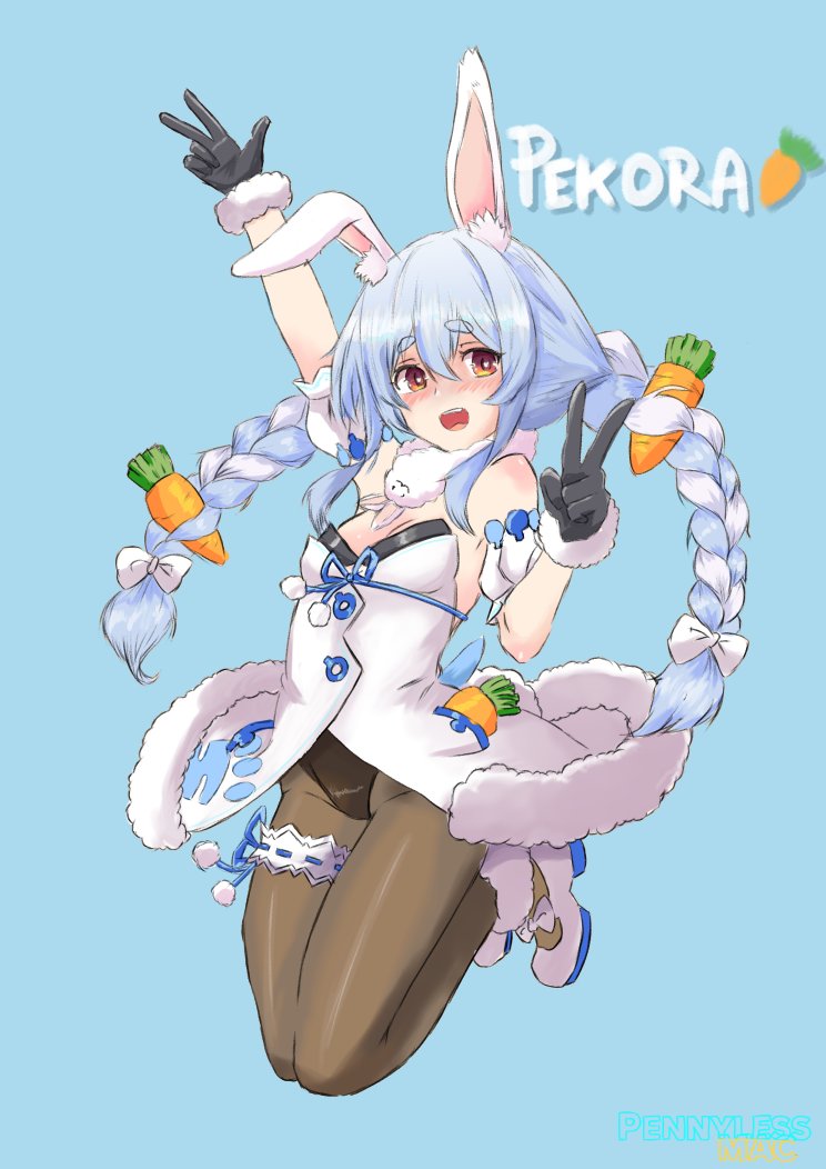 1girl arm_up artist_name black_gloves blue_background blue_hair blush bow braid breasts brown_legwear carrot_print don-chan_(usada_pekora) double_v dress food_in_pocket food_on_hair food_print full_body fur-trimmed_gloves fur-trimmed_jacket fur_trim garters gloves hand_up hololive jacket jumping leotard looking_at_viewer multicolored_hair open_mouth pantyhose pennylessmac pom_pom_(clothes) red_eyes ribbon-trimmed_garter shoe_bow shoes simple_background single_garter small_breasts solo twin_braids twintails two-tone_hair usada_pekora v white_dress