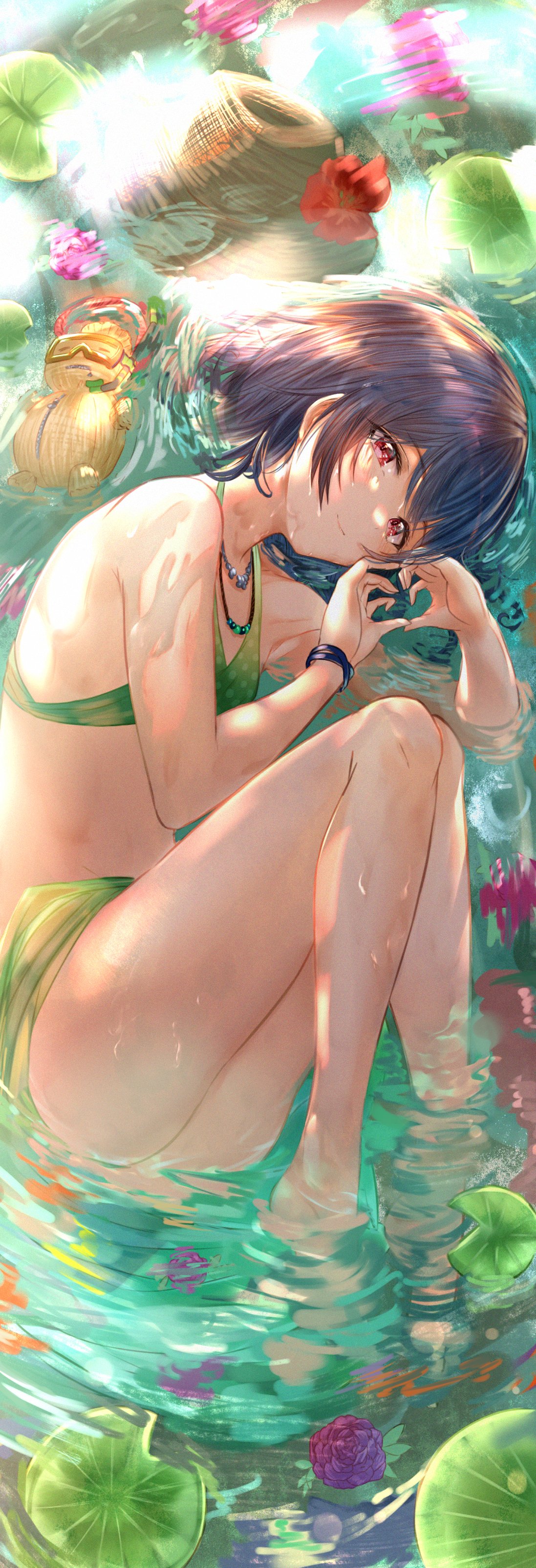 1girl absurdres bangs bare_shoulders bikini blue_hair blush breasts doll flower green_bikini highres idolmaster idolmaster_shiny_colors jewelry legs lily_pad looking_at_viewer lying morino_rinze necklace on_side red_eyes short_hair small_breasts smile swimsuit water wet yatsuka_(846)