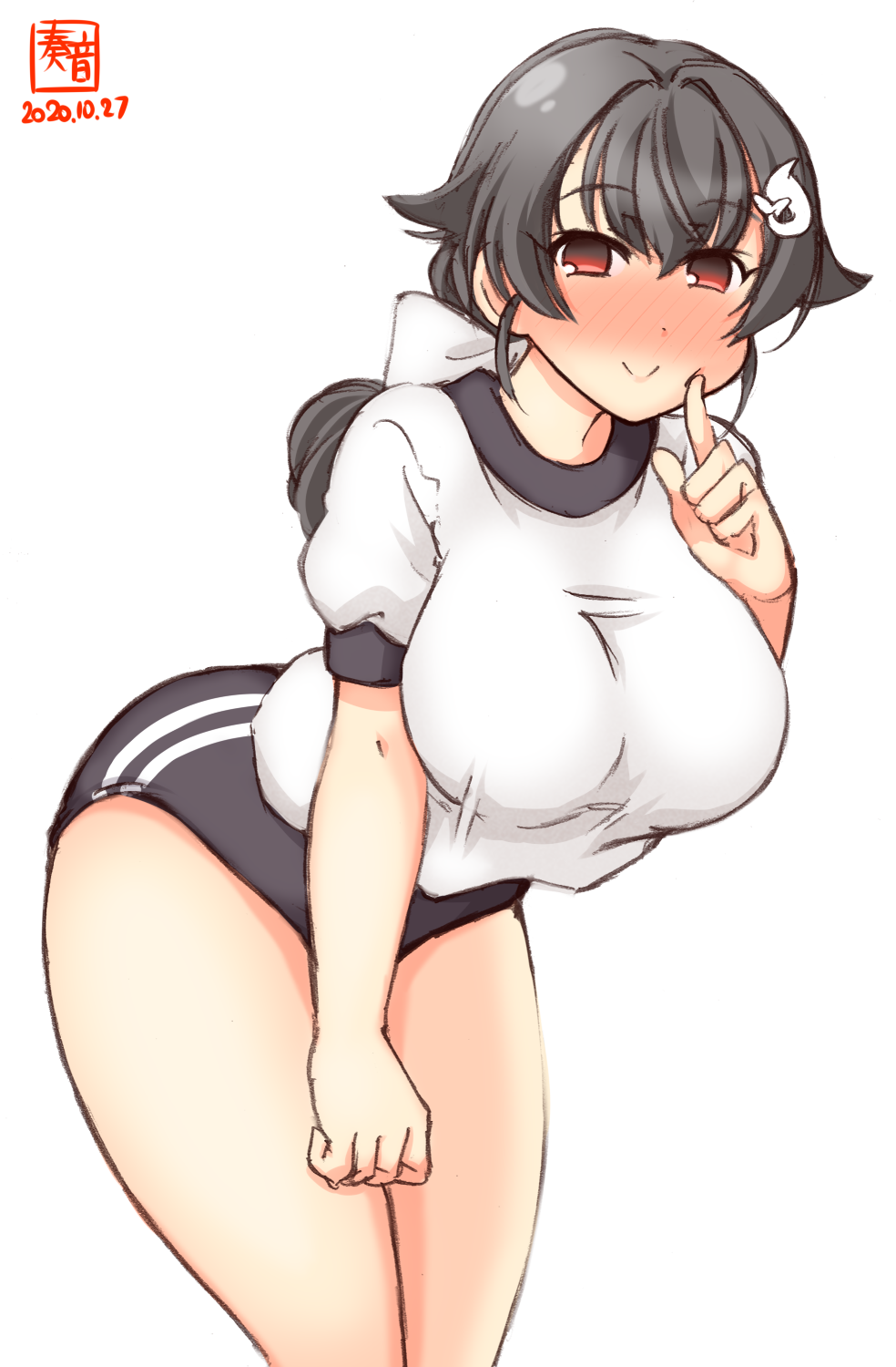 1girl alternate_costume artist_logo black_buruma black_hair blush breasts buruma cowboy_shot dated eyebrows_visible_through_hair finger_to_cheek gym_shirt gym_uniform hair_between_eyes hair_flaps hair_ornament hair_ribbon hairclip highres jingei_(kantai_collection) kanon_(kurogane_knights) kantai_collection large_breasts long_hair looking_at_viewer low_ponytail red_eyes ribbon shirt signature simple_background solo whale_hair_ornament white_background white_ribbon