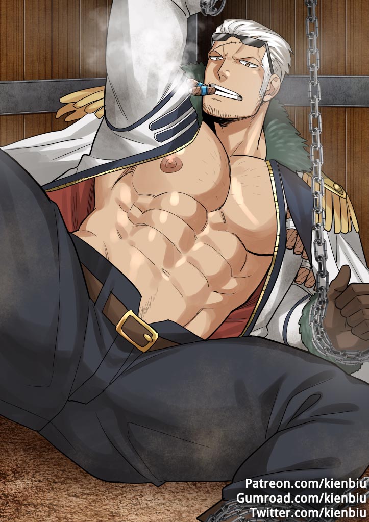 1boy abs ass_visible_through_thighs bara bare_chest belt black_pants bound bound_wrists chain chained chained_wrists chest cigar epaulettes facial_hair feet_out_of_frame jacket kienbiu male_focus muscle navel nipples one_piece open_clothes open_jacket open_pants pants short_hair sideburns smoker_(one_piece) smoking solo spread_legs stubble thick_thighs thighs white_hair