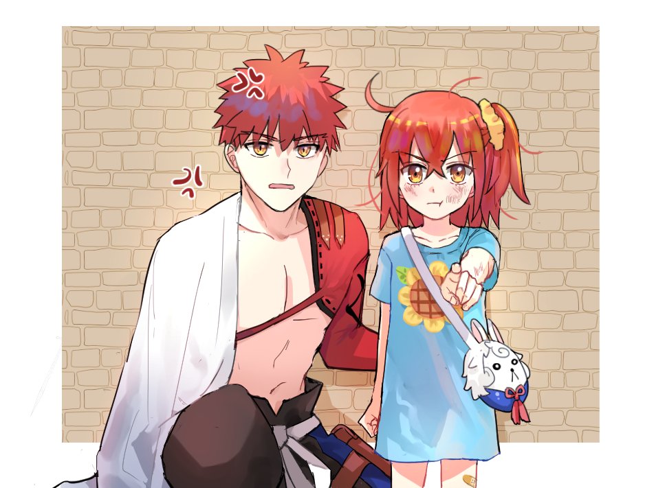 1boy 1girl anger_vein angry appleale19 bag bandaid bare_chest brick_wall bruise bruise_on_face cape emiya_shirou fate/grand_order fate_(series) flower fou_(fate/grand_order) fujimaru_ritsuka_(female) injury limited/zero_over pointing pointing_at_viewer pout redhead short_hair single_sleeve sunflower tears yellow_eyes younger