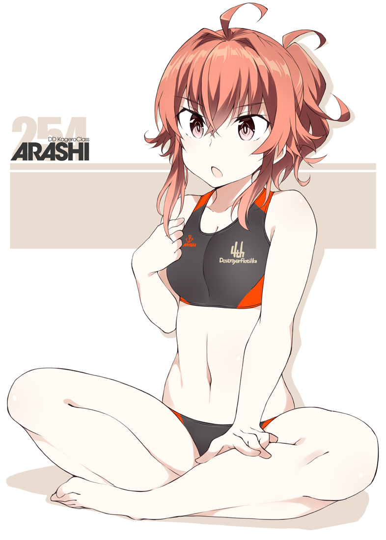 1girl ahoge arashi_(kantai_collection) bare_arms bare_legs barefoot black_swimsuit brown_eyes character_name clothes_writing collarbone competition_swimsuit eyebrows_visible_through_hair full_body hair_between_eyes kantai_collection navel one-piece_swimsuit open_mouth redhead short_hair solo souji swimsuit toes white_background