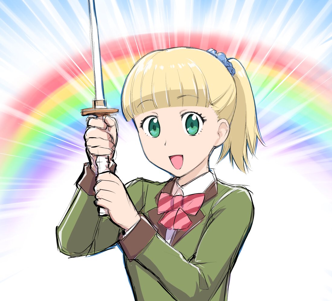 1girl blonde_hair breasts character_request green_eyes looking_at_viewer medium_hair open_mouth ponytail smile solo sword ueyama_michirou weapon