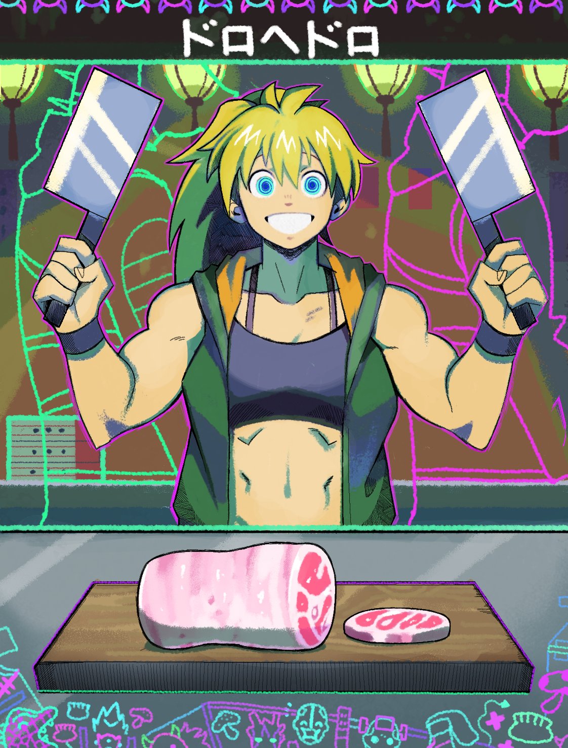 1girl bangs blonde_hair blue_eyes butcher butcher_knife cutting_board denaseey dorohedoro food highres holding holding_knife knife long_hair looking_at_viewer meat muscle muscular_female navel nikaidou_(dorohedoro) open_mouth smile solo upper_body