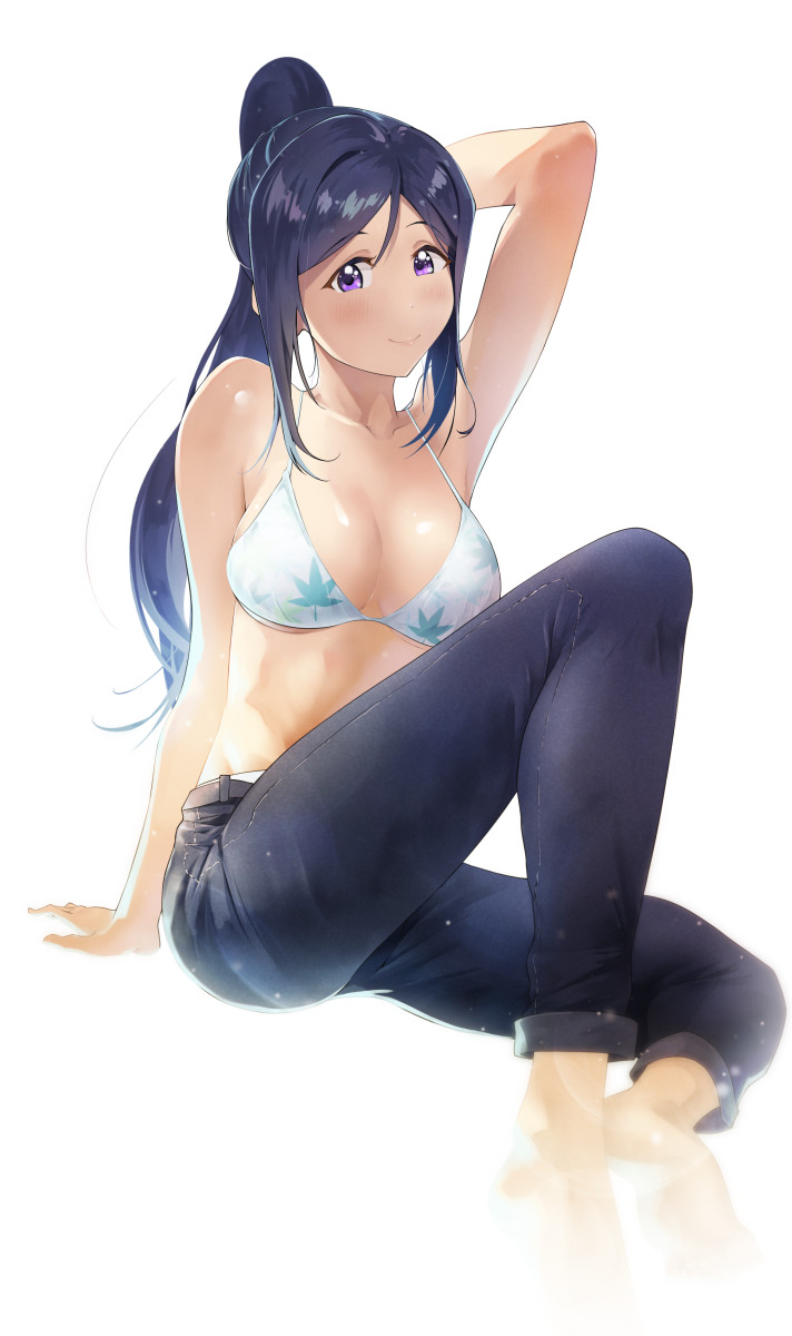 1girl alternate_costume arm_behind_head arm_support barefoot blue_hair blush breasts denim highres jeans knee_up large_breasts long_hair looking_at_viewer love_live! love_live!_school_idol_project love_live!_sunshine!! matsuura_kanan pants ponytail redame smile solo violet_eyes white_background