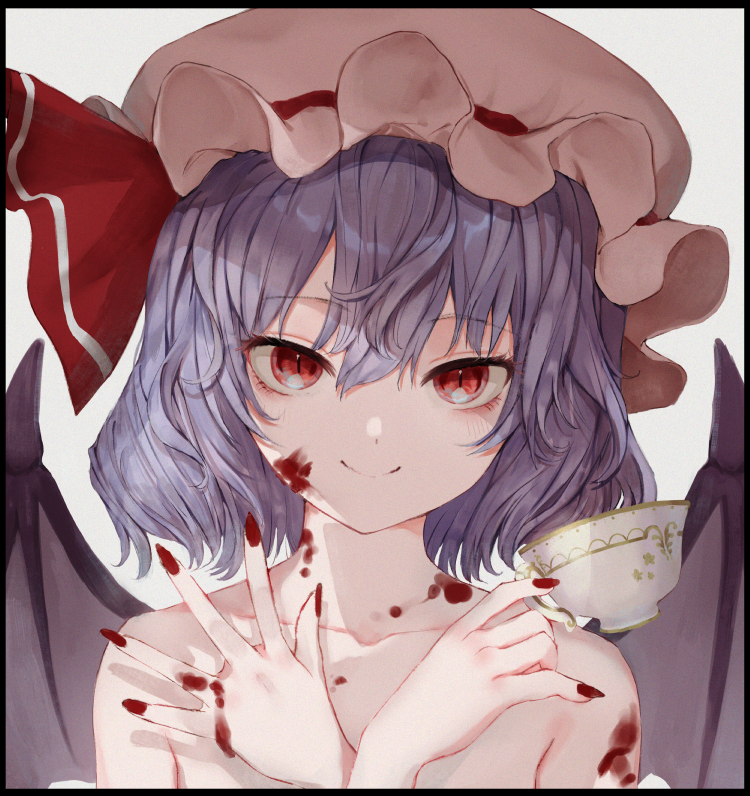 1girl bat_wings blood blood_on_face bloody_hands bow closed_mouth collarbone commentary_request cup eyebrows_visible_through_hair fingernails hair_between_eyes happiness_lilys hat hat_bow hat_ribbon holding holding_cup looking_at_viewer mob_cap nude pink_headwear purple_hair red_bow red_eyes red_nails red_ribbon remilia_scarlet ribbon sharp_fingernails short_hair simple_background slit_pupils smile solo symbol_commentary teacup touhou upper_body white_background wings x_arms