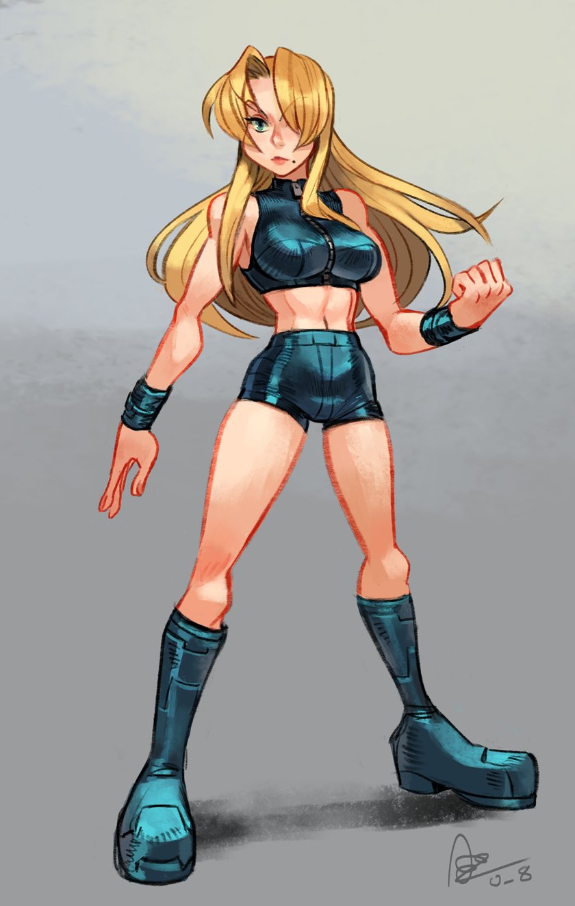 1girl alex_ahad blonde_hair boots breasts crop_top full_body hair_over_one_eye highres metroid metroid_fusion mole mole_under_mouth navel short_shorts shorts sleeveless solo standing stomach toned wristband