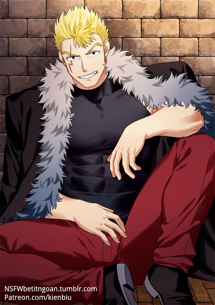 1boy bara black_jacket blonde_hair chest covered_abs elbow_rest fairy_tail feet_out_of_frame fur-trimmed_jacket fur_trim jacket kienbiu laxus_dreyar leg_up male_focus muscle pants patreon_username red_pants shirt short_hair solo spiky_hair taut_clothes taut_shirt