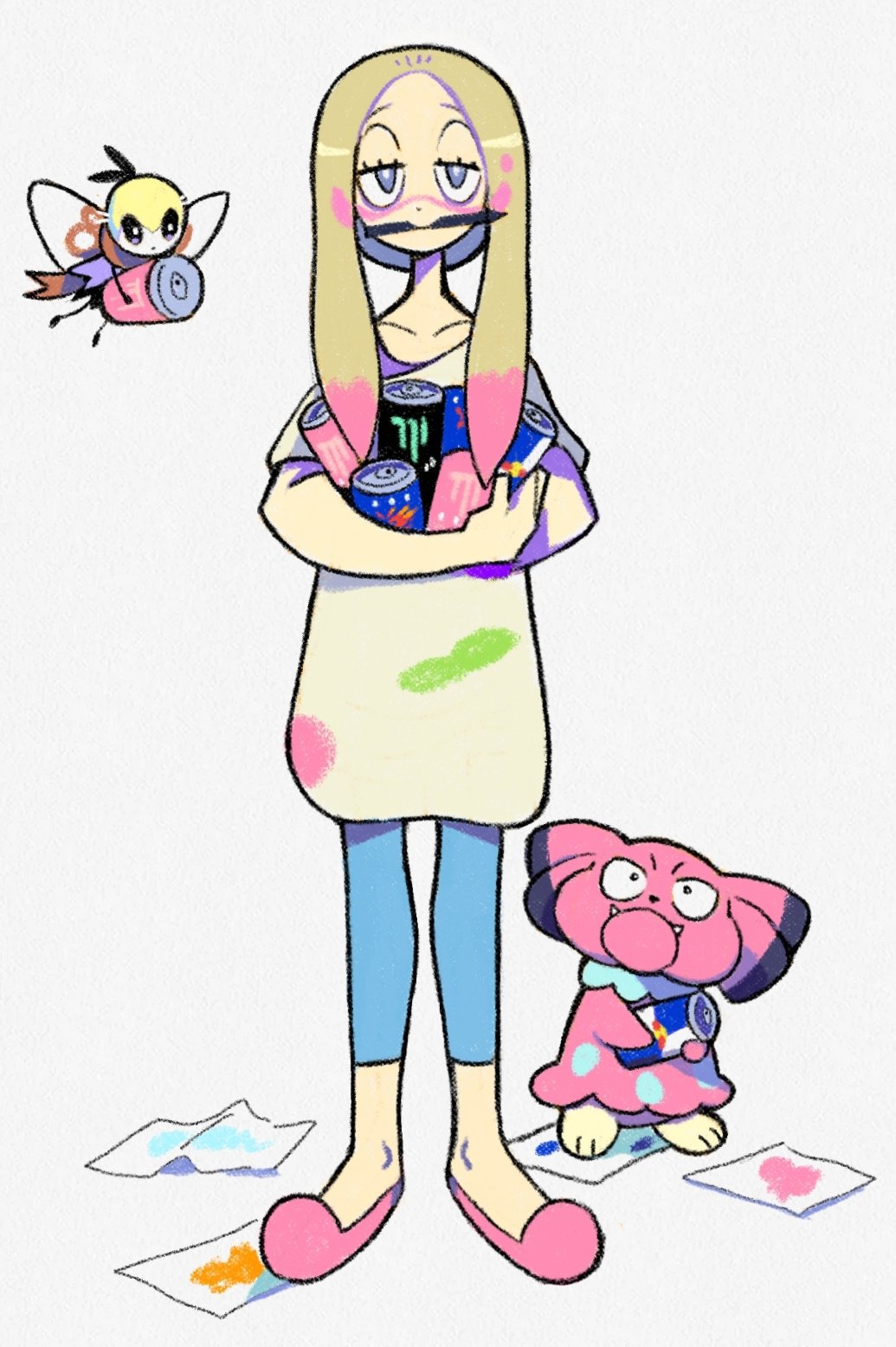blonde_hair blue_pants can denaseey full_body gen_2_pokemon gen_7_pokemon grey_eyes half-closed_eyes highres holding holding_can long_hair mina_(pokemon) mouth_hold paint pants paper pink_footwear pokemon pokemon_(game) pokemon_sm ribombee shirt shoes short_sleeves simple_background snubbull standing white_background white_shirt