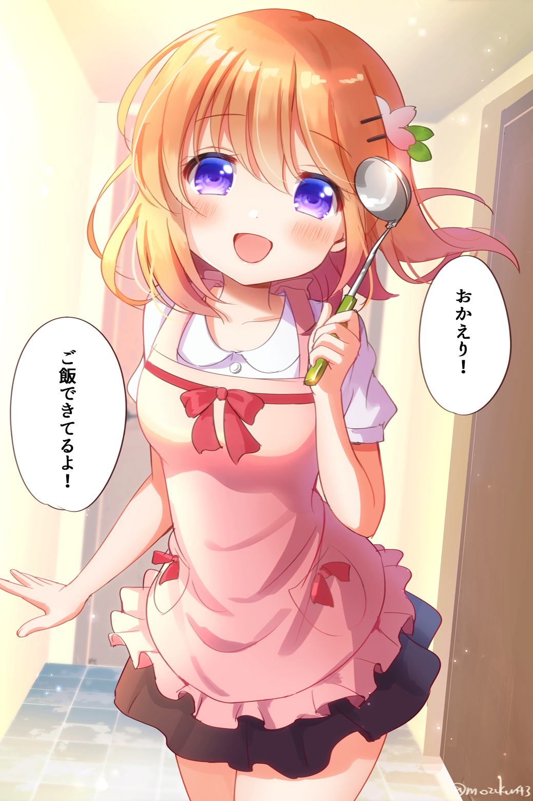 1girl blush breasts brown_hair collarbone eyebrows_visible_through_hair gochuumon_wa_usagi_desu_ka? hair_ornament hairclip highres holding holding_ladle hoto_cocoa indoors ladle looking_at_viewer medium_breasts mozukun43 open_mouth short_hair smile solo speech_bubble twitter_username violet_eyes