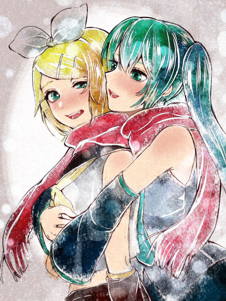 2girls blonde_hair blue_eyes blue_hair bow detached_sleeves hair_bow hatsune_miku hug hug_from_behind kagamine_rin meriko multiple_girls open_mouth red_scarf scarf short_hair twintails vocaloid white_bow winter yuri