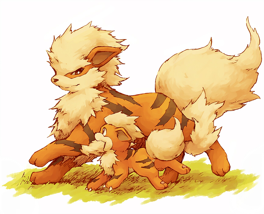 arcanine claws closed_mouth commentary_request eye_contact fur gen_1_pokemon grass growlithe kuronekotarou looking_at_another no_humans open_mouth paws pokemon pokemon_(creature) yellow_fur